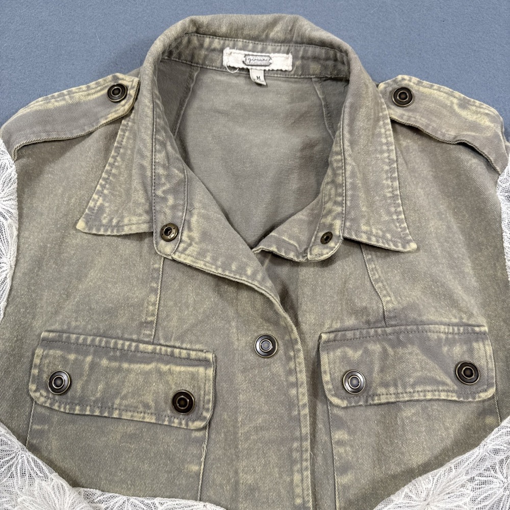 Gimmicks KHAKI FIELD Jacket FLAP POCKETS with CREAM  Lace ARMS Women's‎ Size M - Picture 3 of 9